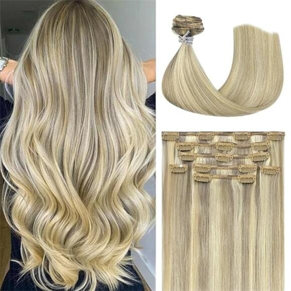 Clip In Real Human Hair Extensions 22 Inch 70g 7pcs Mixed Bleach Blonde - Picture 7 of 7